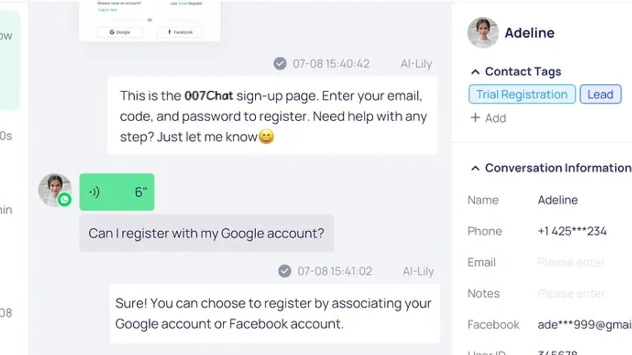 007Chat 官方工作台对话与联系人标签局部示例